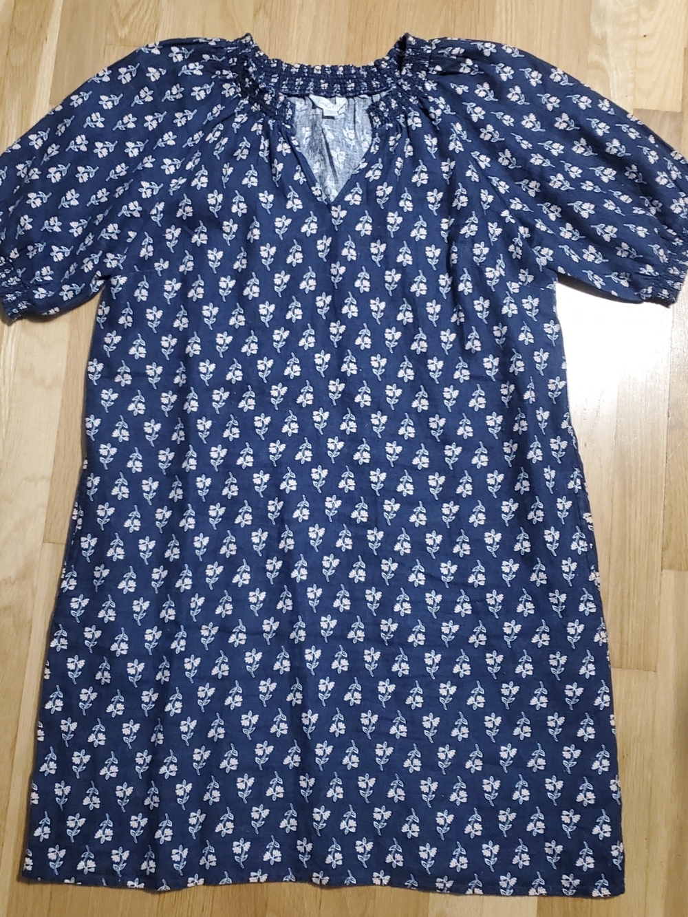 Garnet Hill Navy Floral Amelia Midi Linen Dress, Size 14